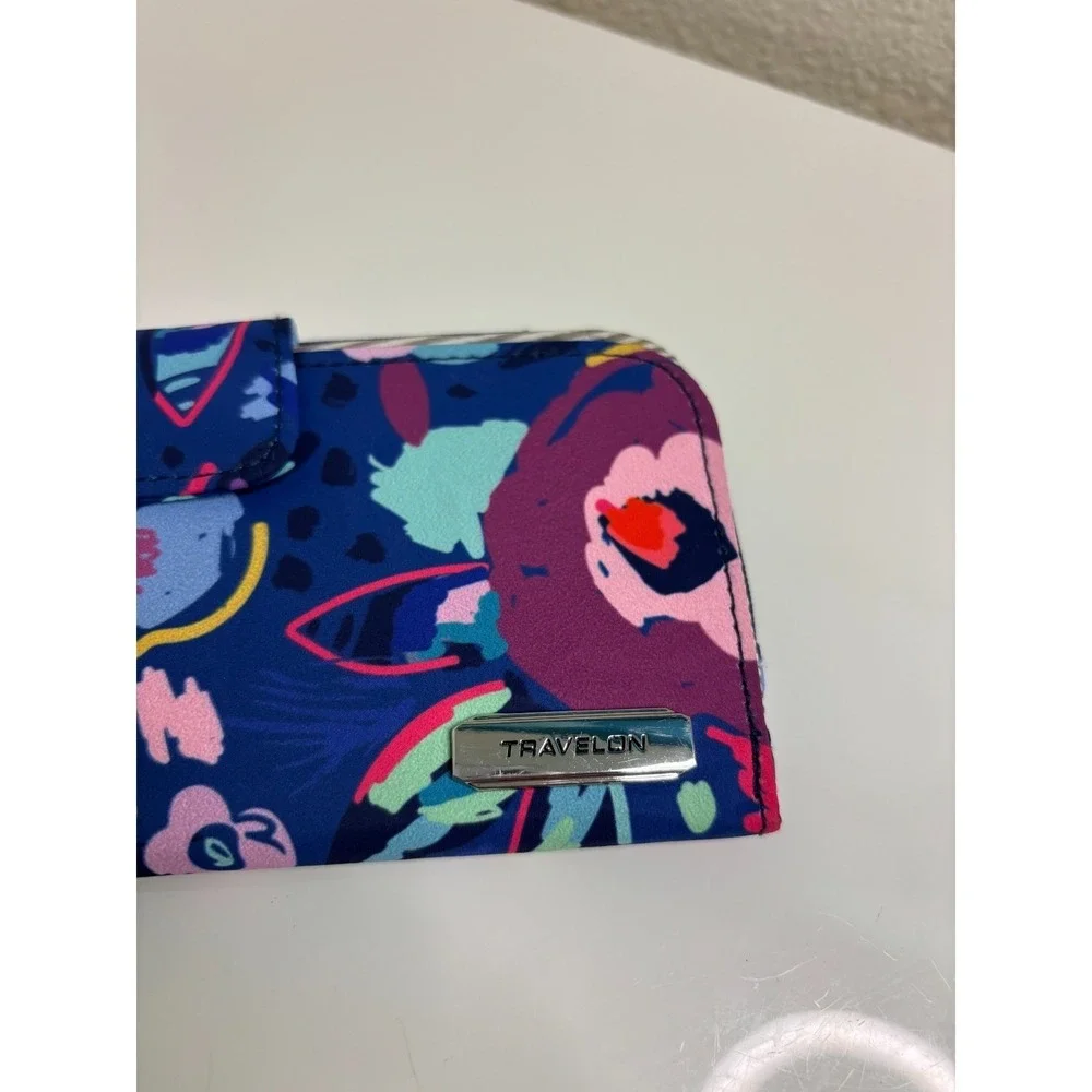 NWOT Travelon RFID Single Zip Wallet Floral Striped Navy Blue Pink Red Thin READ